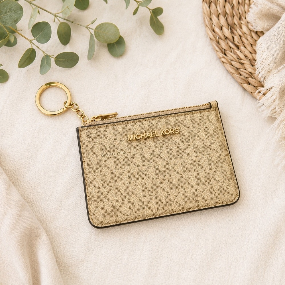 Michael Kors Jet Set Small Logo Coin Pouch ID Card Case Vanilla Acorn Gold Tone
